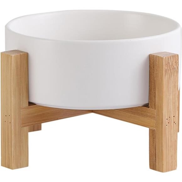 Elevated Ceramic Cat Bowl - Cat Food Bowl with Bamboo Stand - Raised Dog Dish - Picture 1 of 7